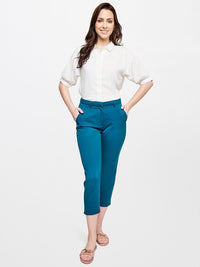 AND Women Teal Solid Casual Tapered Fit Trousers