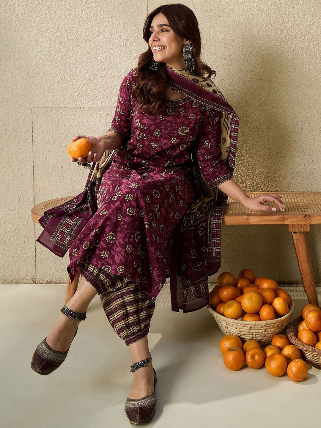 Indo Era Floral Printed V Neck Pure Cotton Kurta With Salwar & Dupatta