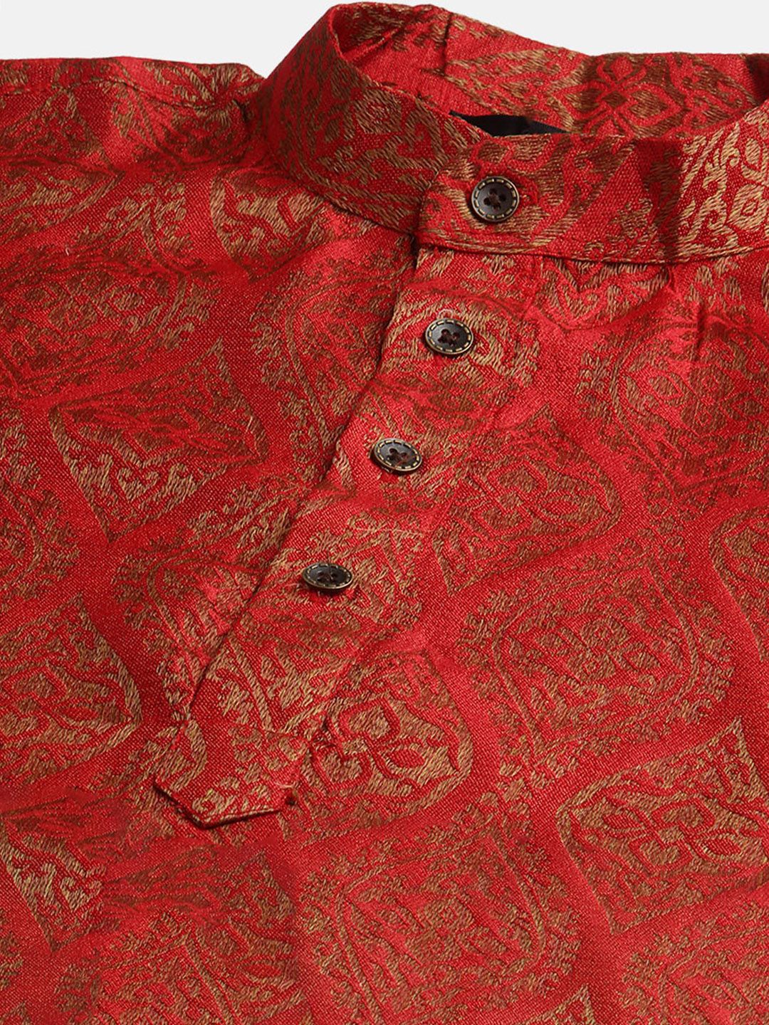 SOJANYA Men Red Ethnic Motifs Jacquard Silk Kurta with Churidar & Nehru Jacket