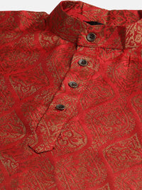 SOJANYA Men Red Ethnic Motifs Jacquard Silk Kurta with Churidar & Nehru Jacket
