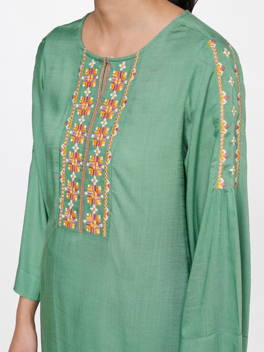 Global Desi Green & Yellow Embroidered Tunic