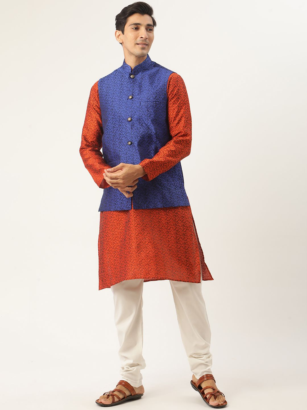 SOJANYA Men Orange Self-Design Kurta with Churidar & Nehru Jacket