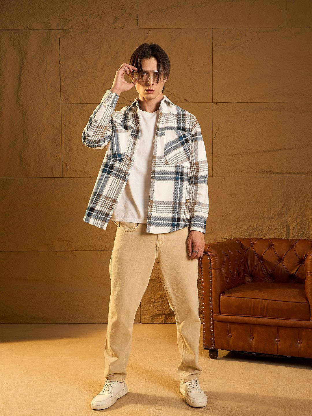 DENNISON Men Double Pocket Drop Shoulder Oversized Cotton Checked Shacket