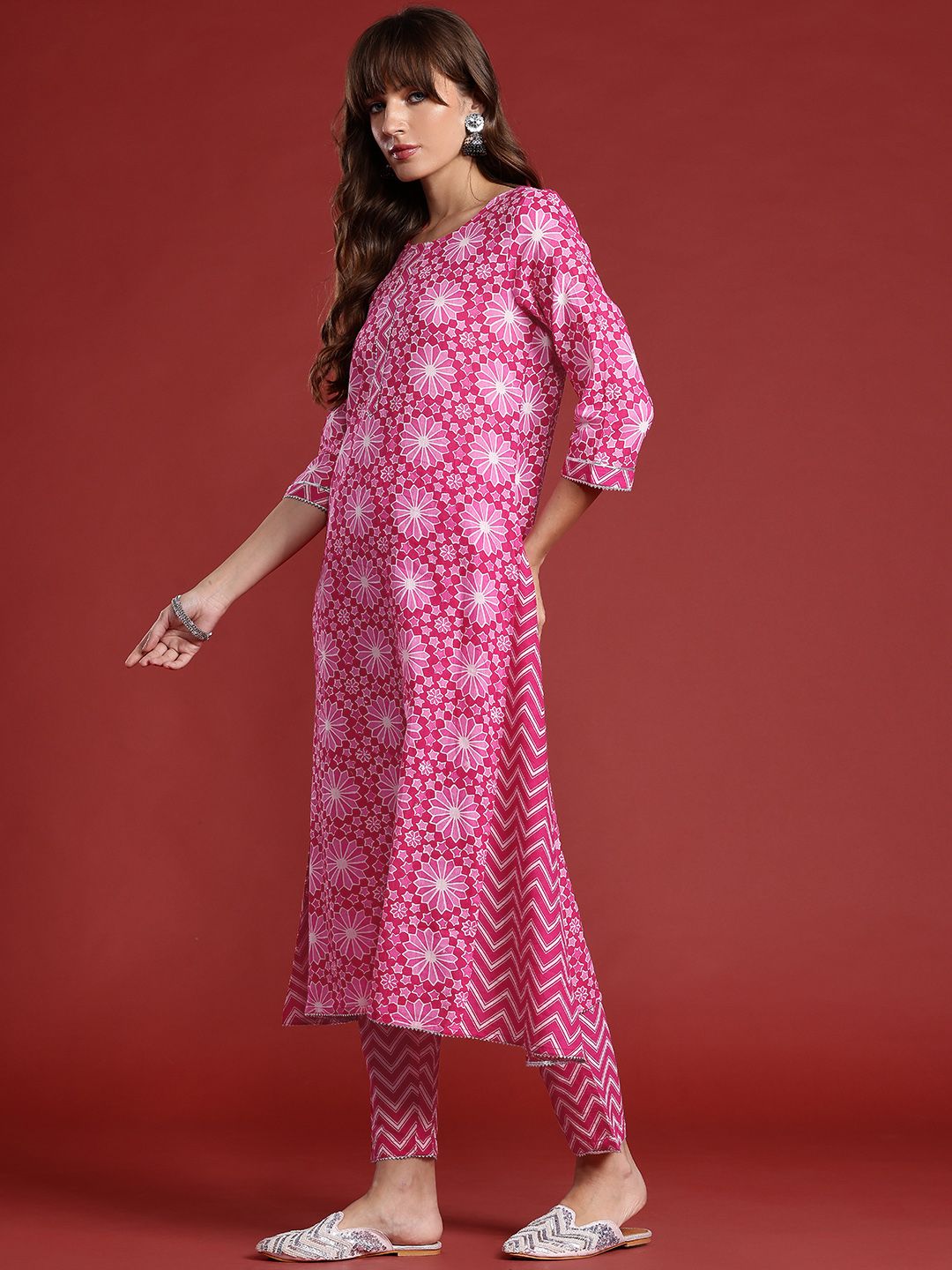 Anouk Ethnic Print Panelled Gotta Patti Detail Pure Cotton Kurta with Trousers & Dupatta