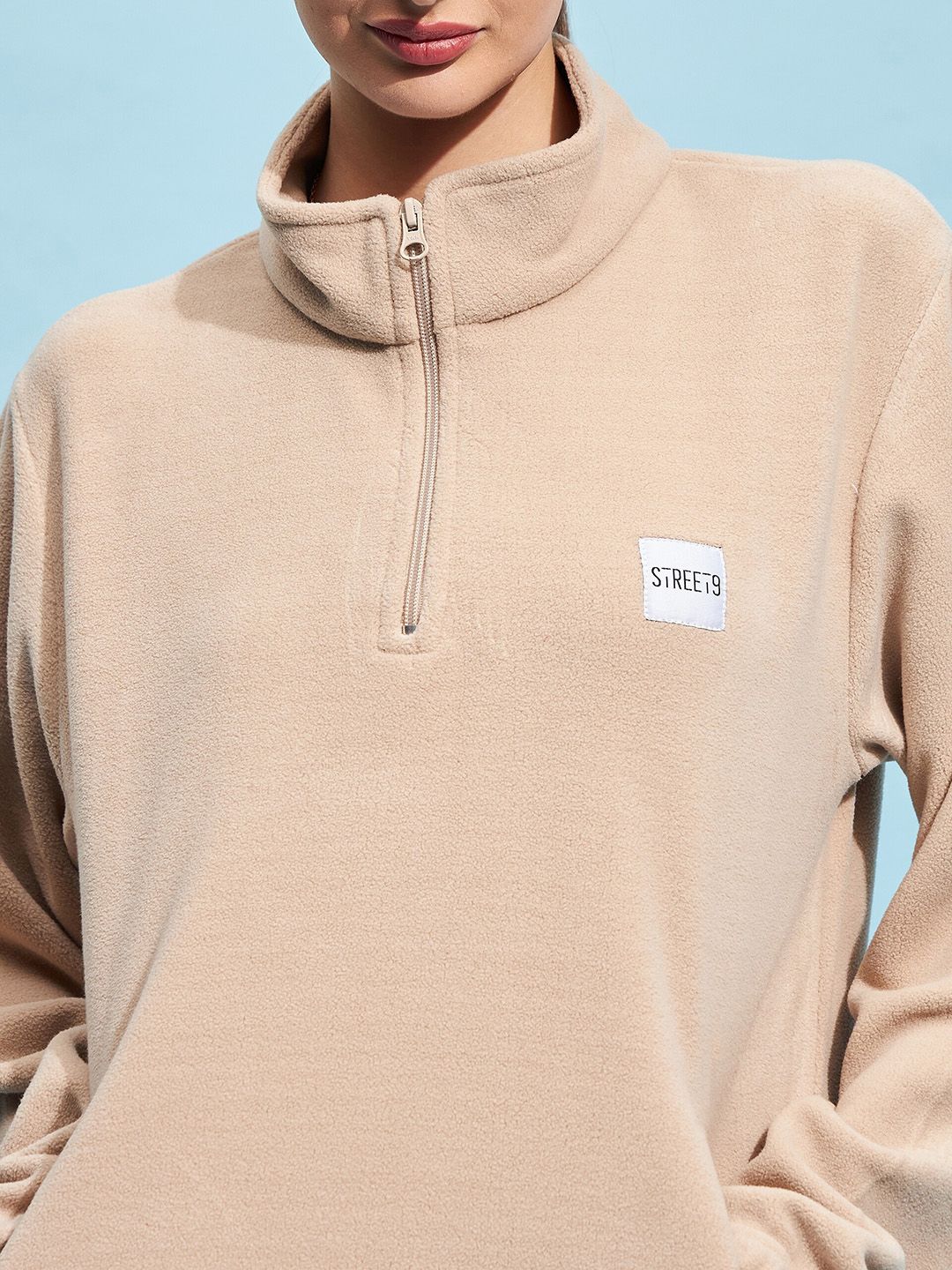 STREET 9 Beige Mock Collar Oversized Sweatshirt