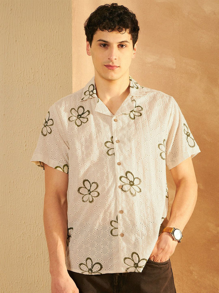 DENNISON Smart Floral Printed Schiffi Casual Oversized Cotton Shirt