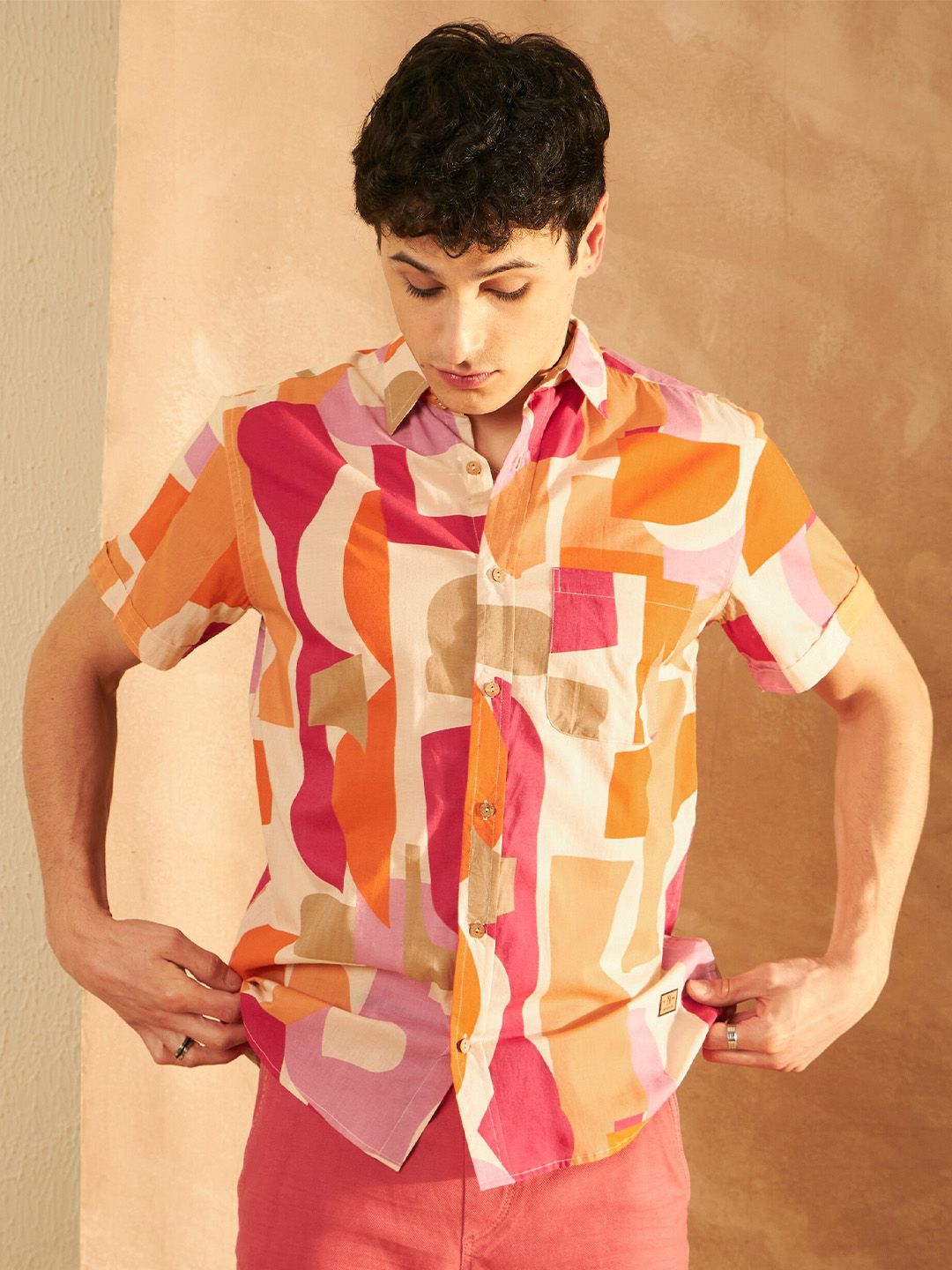 DENNISON Smart Oversized Geometric Printed Spread Collar Cotton Lightweight Shirt