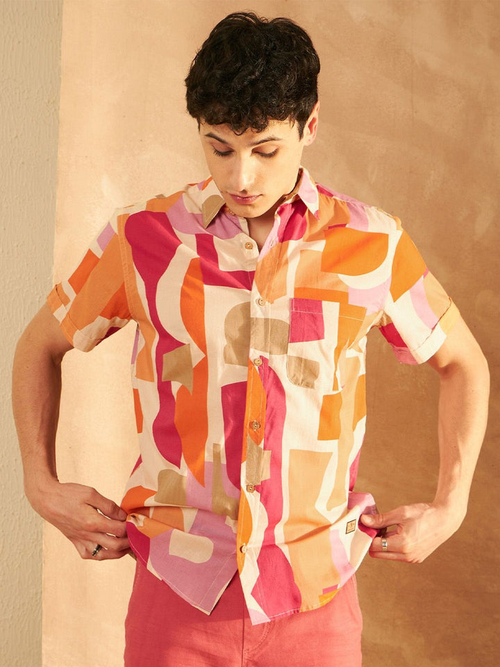 DENNISON Smart Oversized Geometric Printed Spread Collar Cotton Lightweight Shirt