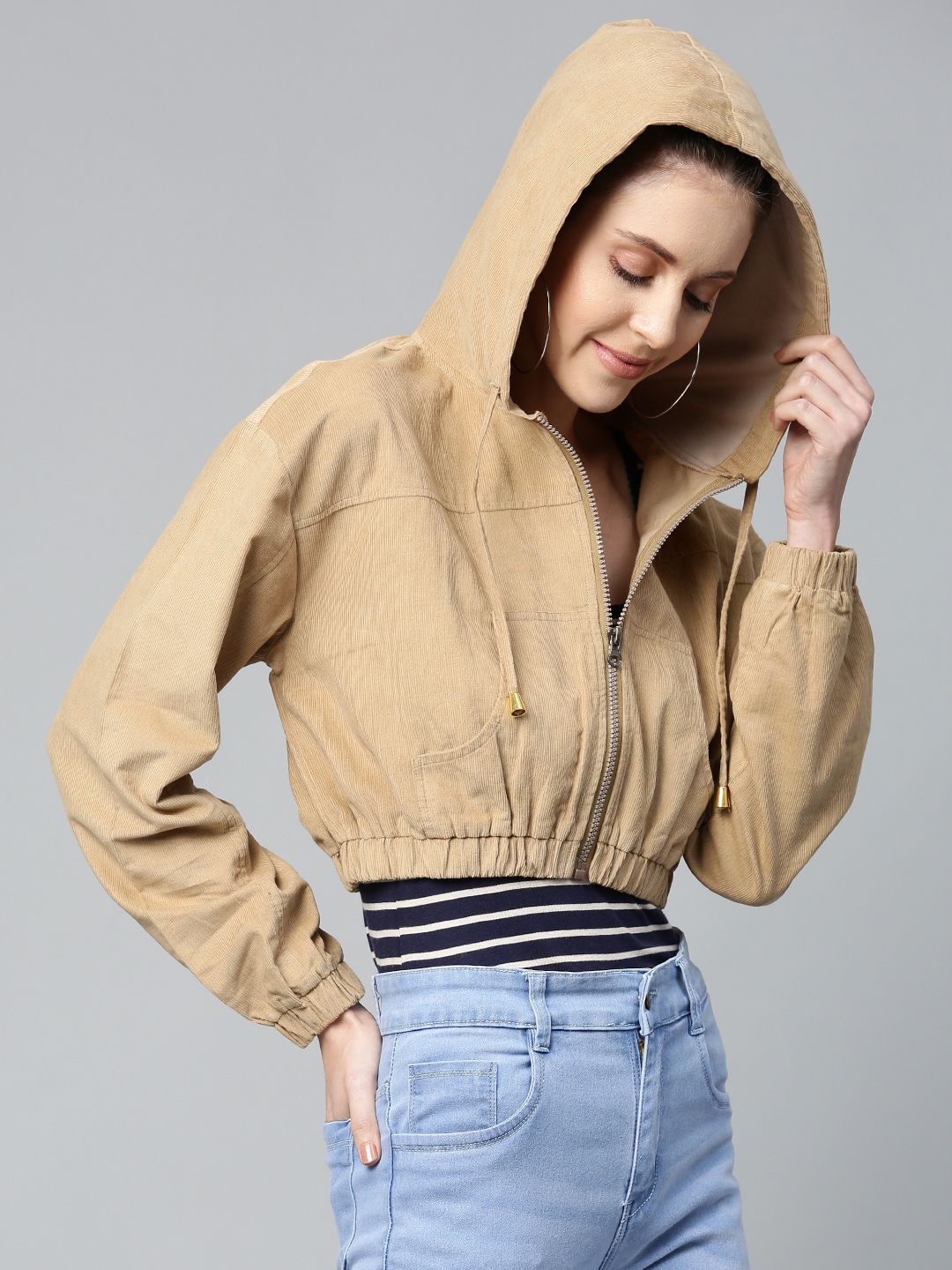 SASSAFRAS Women Beige Solid Corduroy Cropped Bomber Jacket