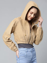 SASSAFRAS Women Beige Solid Corduroy Cropped Bomber Jacket