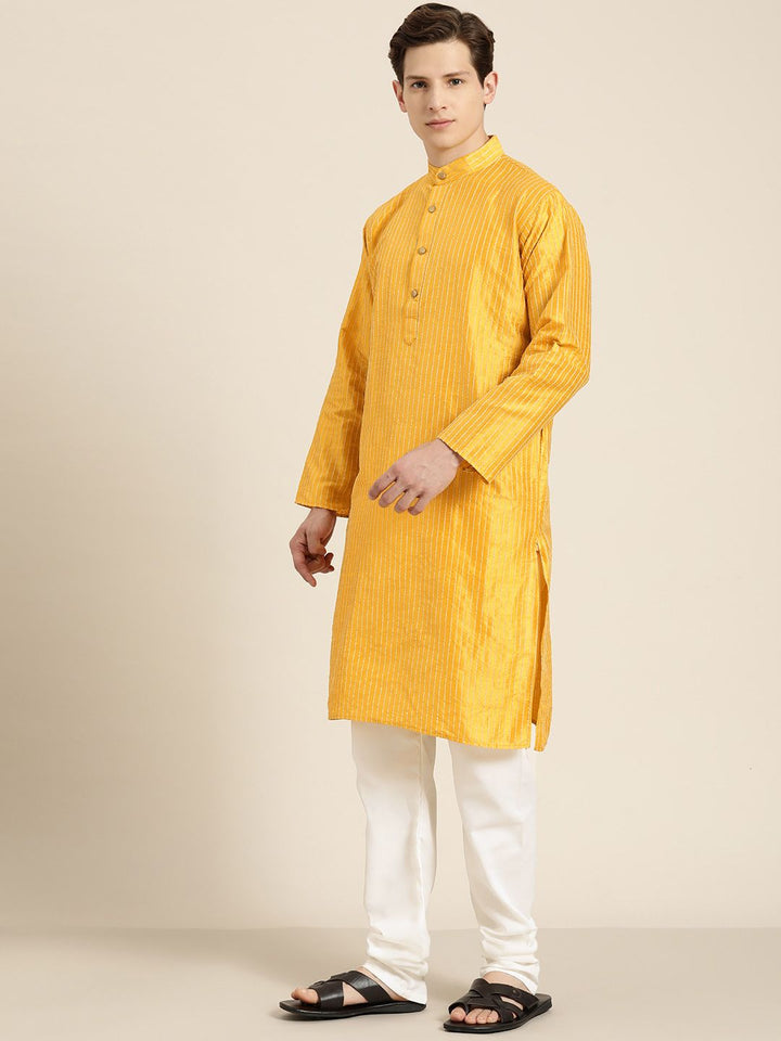 SOJANYA Men Mustard Yellow & Beige Striped Thread Work Straight Kurta Churidar NehruJacket