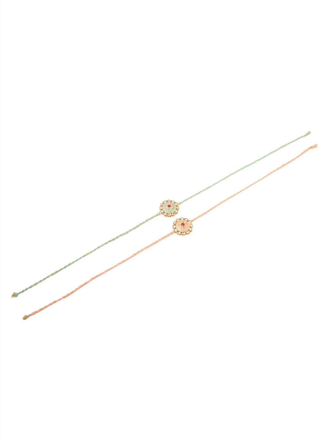 NVR Unisex Set of 2 Kundan Studded Round Floral Rakhi with Roli Chawal Chandan Mishri