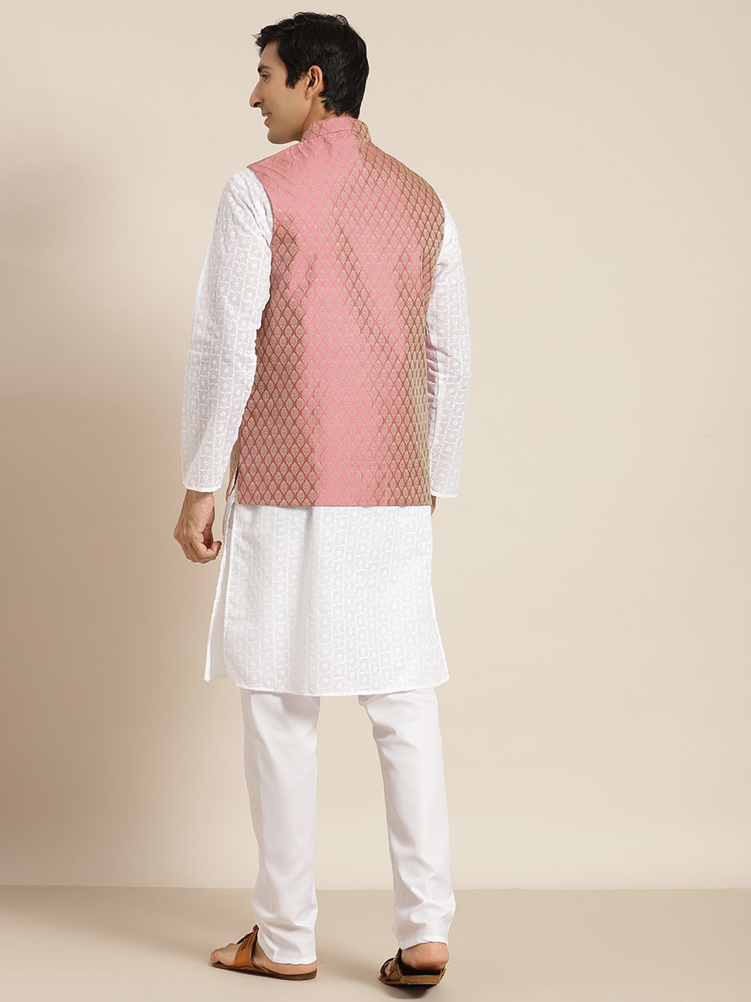SOJANYA Men White Chikankari Pure Cotton Kurta with Churidar & Nehru Jacket