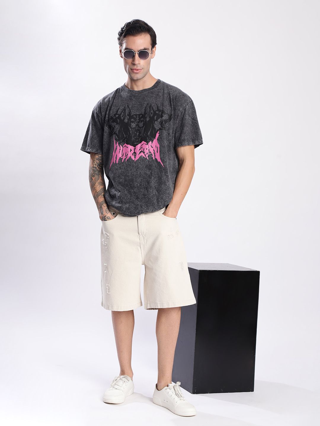 Bene Kleed Men Graphic Printed Acid Wash Cotton Oversized T-shirt