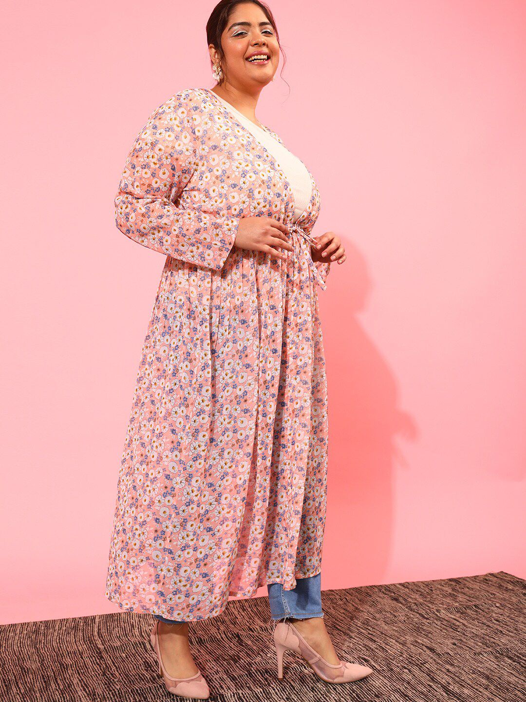 CURVY STREET Women Printed Longline Tie-Up Shrug