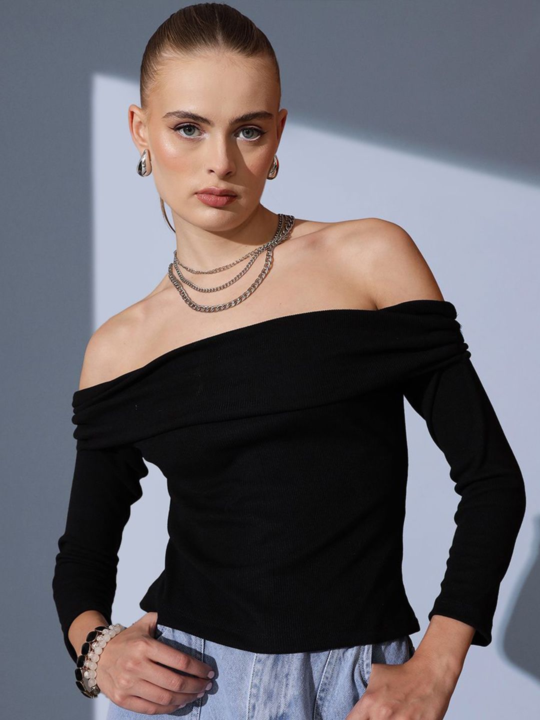 STREET 9 Off-Shoulder Solid Pure Cotton Bardot Top