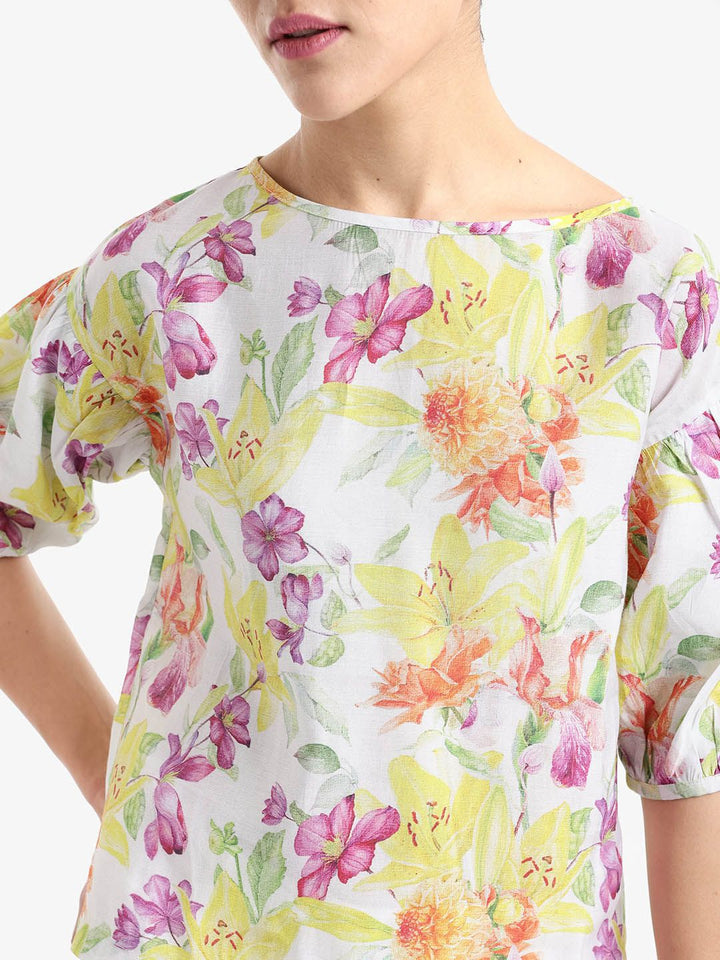RAREISM Floral Print Puff Sleeve Styled Back Top
