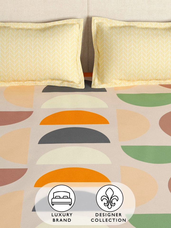 Story@home Cream & Orange Geometric 180 TC Queen Bedsheet with 2 Pillow Covers