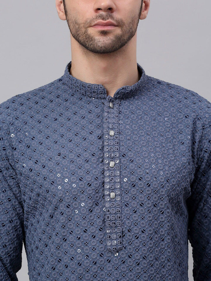 Jompers Men Grey Geometric Kurta