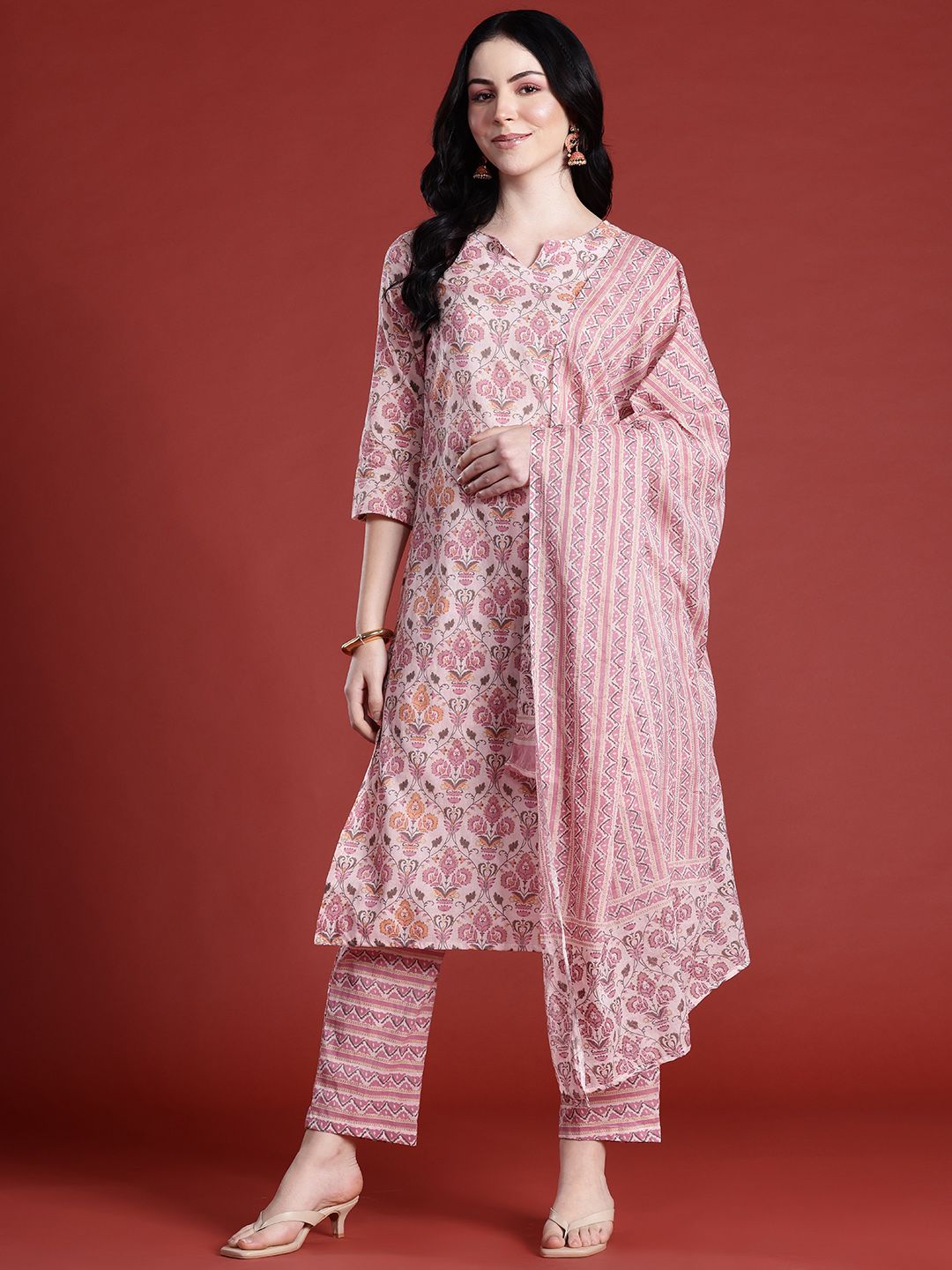 Anouk Ethnic Motifs Printed Pure Cotton Kurta with Trousers & With Dupatta