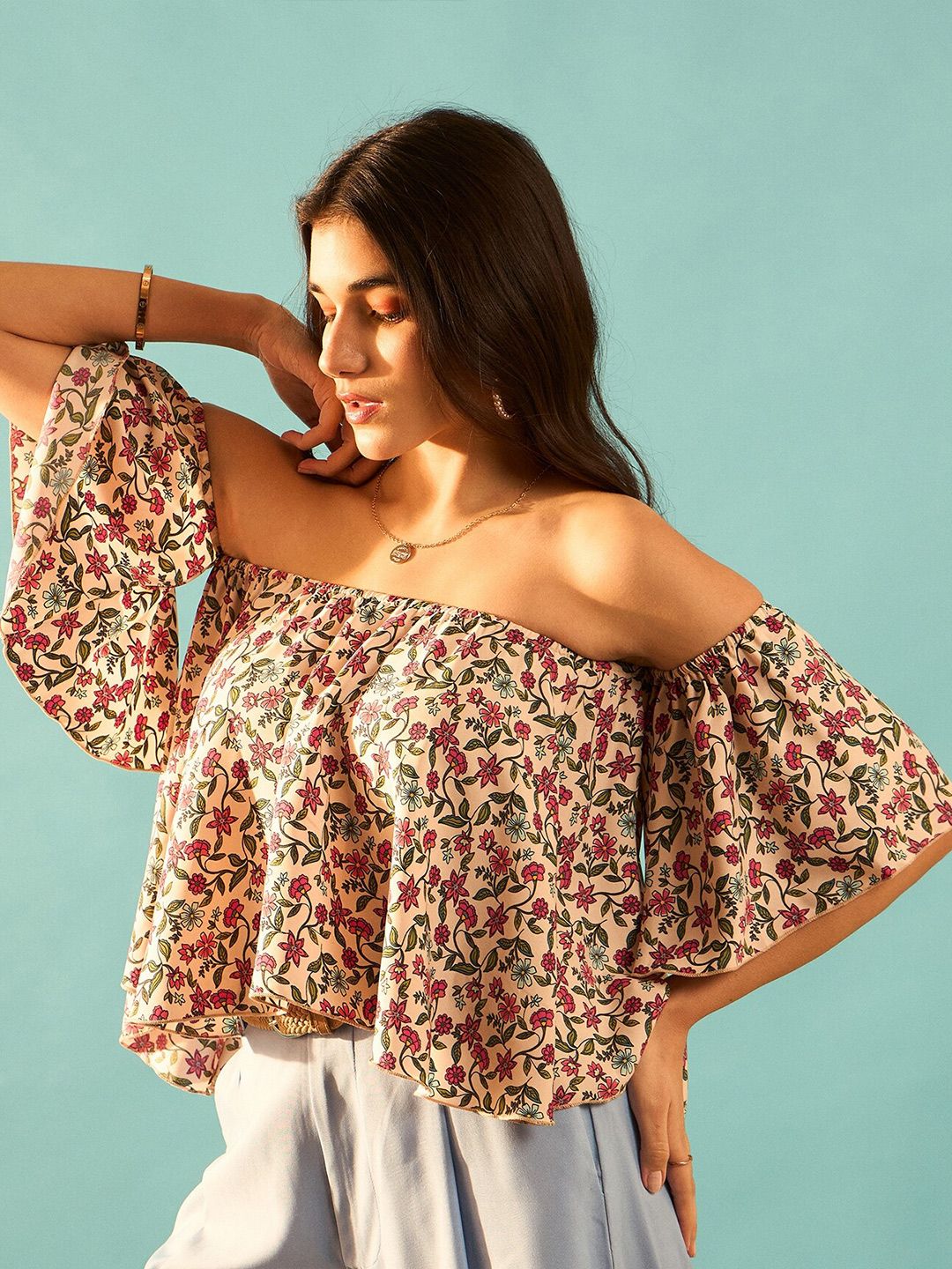 Berrylush Curve Pink Floral Printed Off  Shoulder Flared Sleeve Bardot Top
