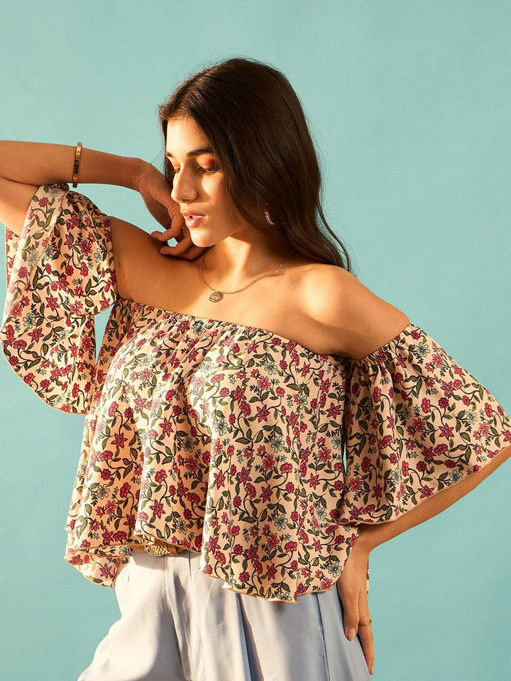 Berrylush Curve Pink Floral Printed Off  Shoulder Flared Sleeve Bardot Top