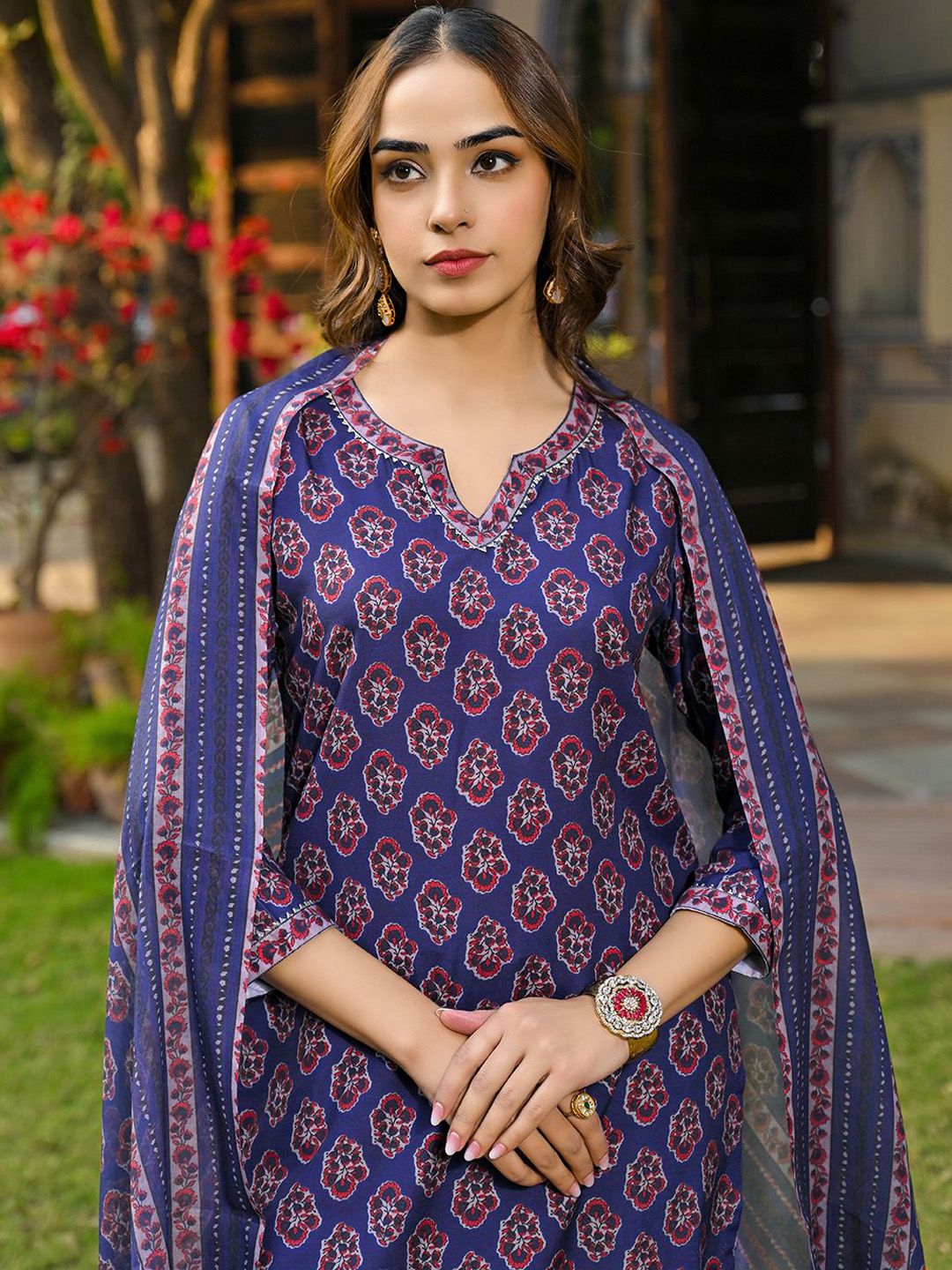 KALINI Floral Printed V-Neck Gotta Patti Straight Kurta With Trousers & Dupatta