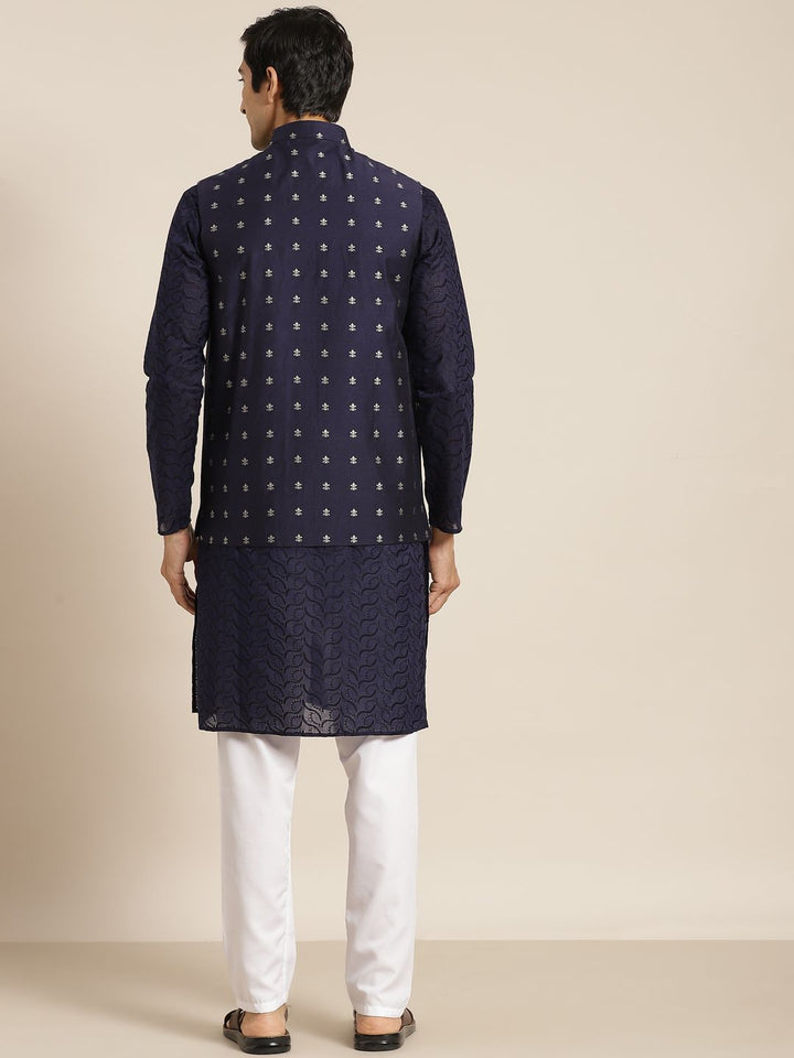 SOJANYA Men Navy Blue Chikankari Pure Cotton Kurta with Churidar & Nehru Jacket