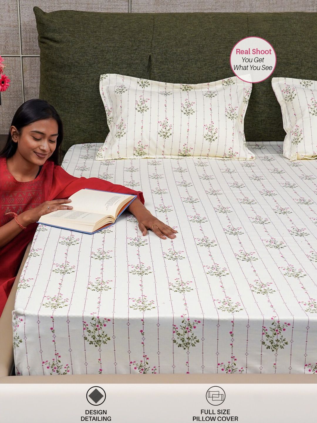 URBAN SPACE  White & Pink Floral 200 TC King Bedsheet with 2 Pillow Covers