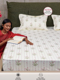 URBAN SPACE  White & Pink Floral 200 TC King Bedsheet with 2 Pillow Covers
