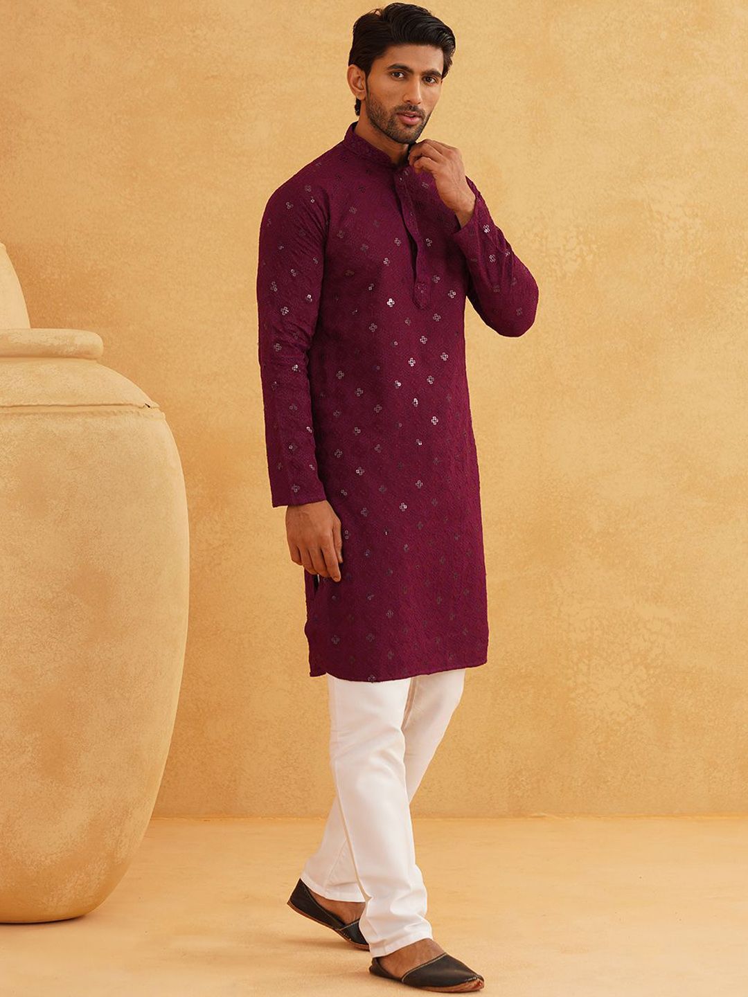 SOJANYA Geometric Embroidered Mandarin Collar Sequinned Pure Cotton Kurta with Churidar