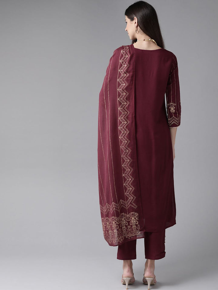 Indo Era Women Burgundy Printed Regular Kurta with Trousers & With Dupatta