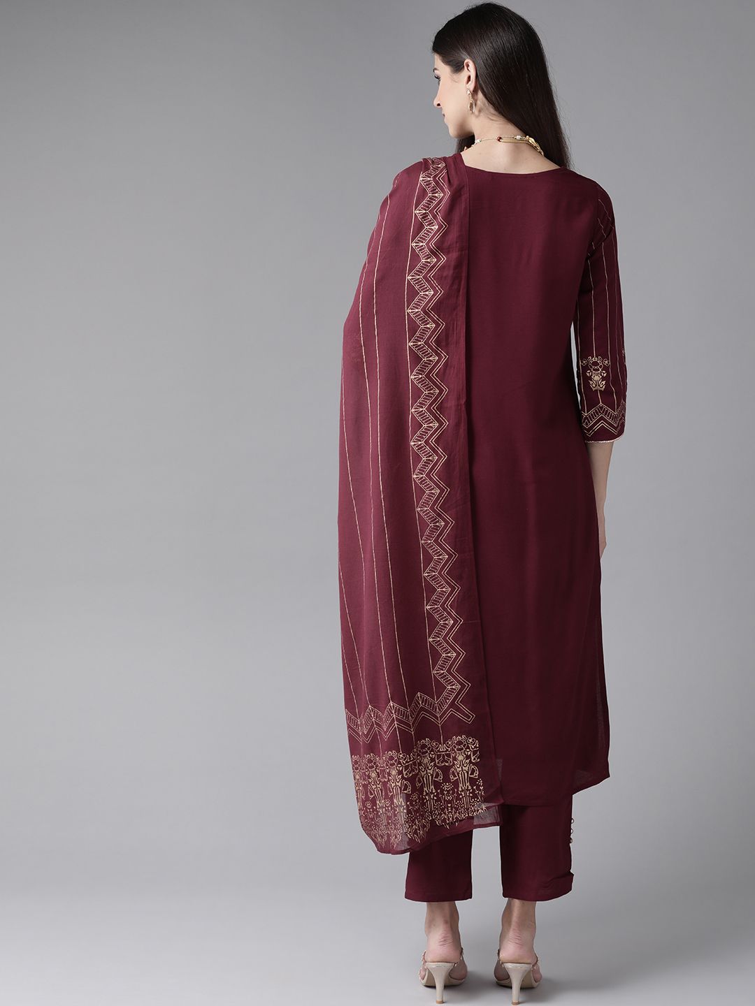 Indo Era Women Burgundy Printed Regular Kurta with Trousers & With Dupatta