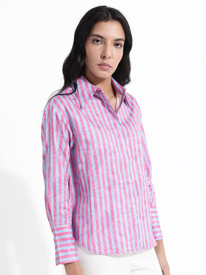 RAREISM Shirt Collar Long Sleeves Striped Cotton Top