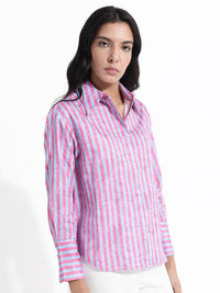 RAREISM Shirt Collar Long Sleeves Striped Cotton Top