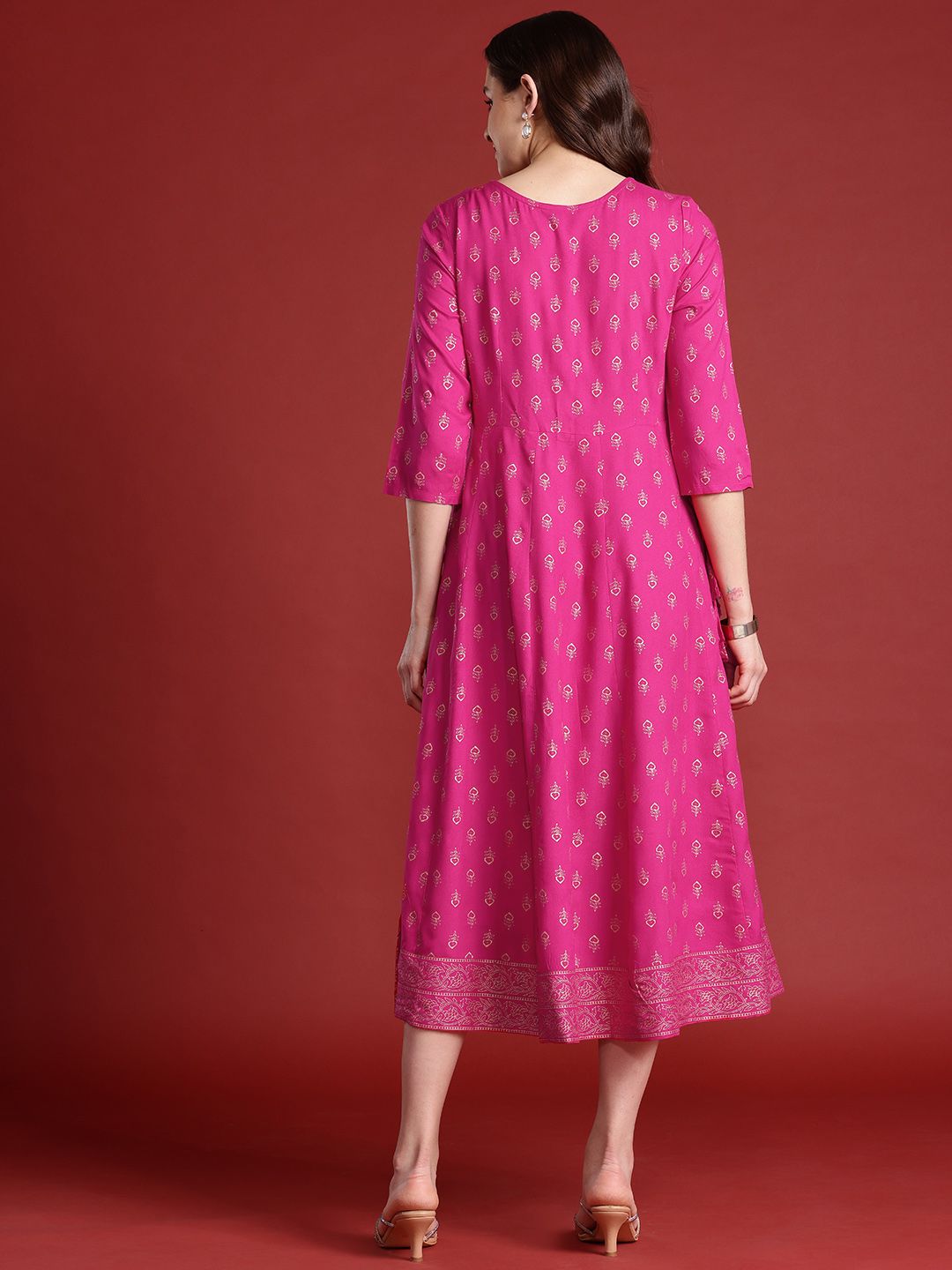Anouk Tie-Up Tassels Detail Foil Print A-Line Midi Ethnic Dress