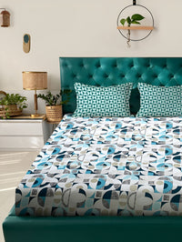 KLOTTHE White & Blue Printed 300TC Dilengkapi Cadar King Double Dengan 2 Sarung Bantal