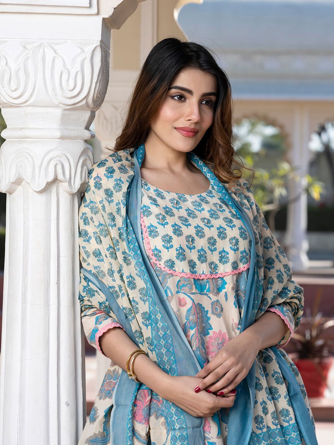 KALINI Floral Printed Round Neck Pure Cotton Anarkali Kurta with Trousers & Dupatta