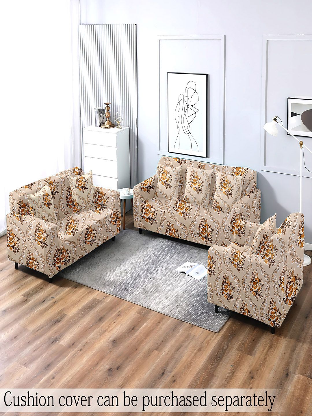 Cortina Brown & Beige Printed 3-Seater Super-Stretchable Non-Slip Sofa Slipcover