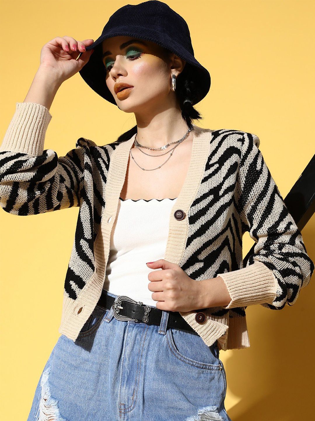 SASSAFRAS Women Beige & Black Animal Printed Crop Cardigan