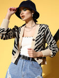 SASSAFRAS Women Beige & Black Animal Printed Crop Cardigan