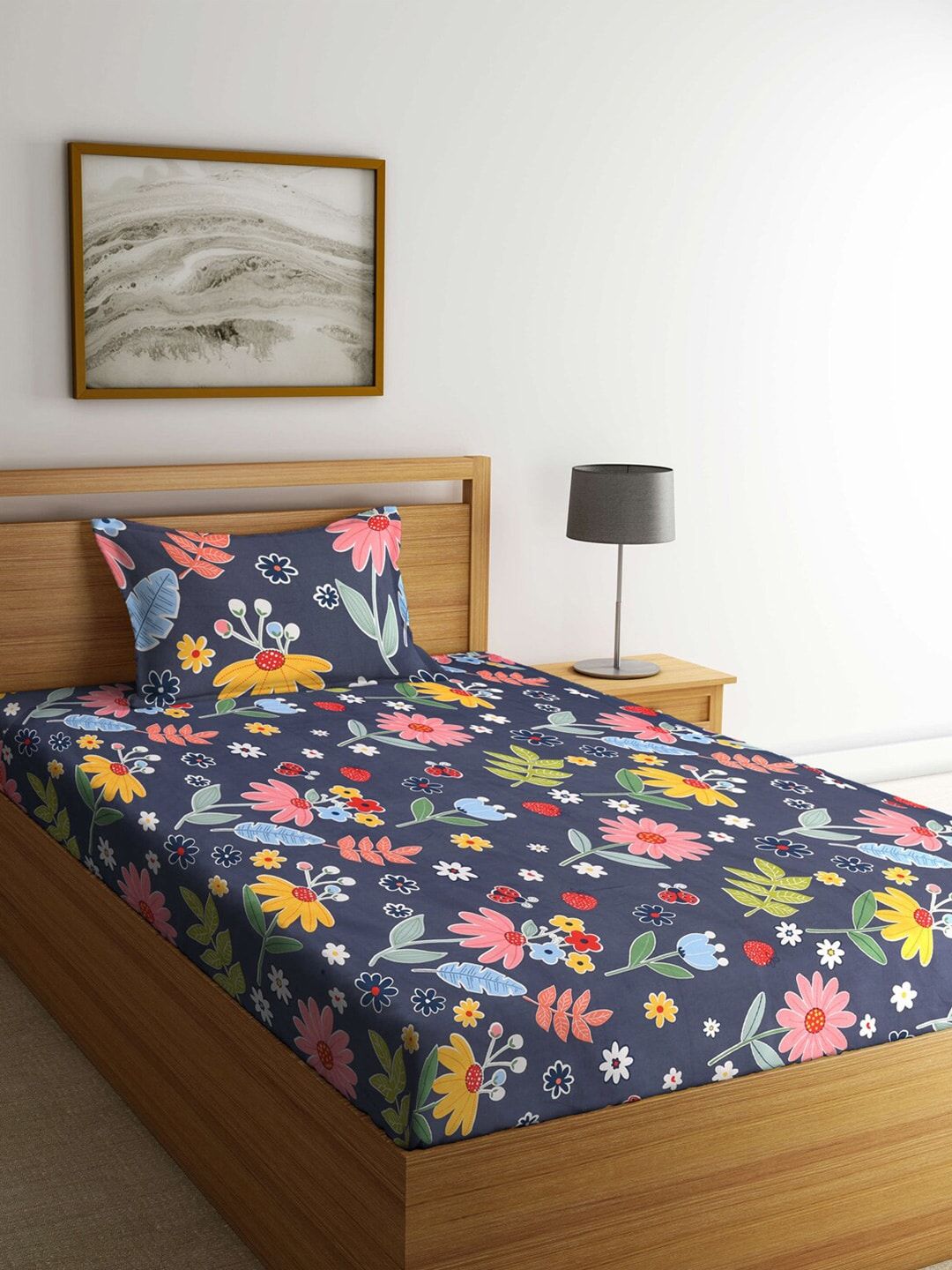 KLOTTHE Grey Floral Polycotton 300 TC Single Cadar Halus dengan Sarung Bantal-89 x 59 inci