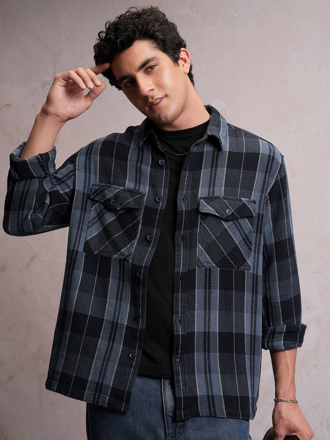 LOCOMOTIVE Mock Lino Dobby Textured Checked Utility Pocket Overshirt