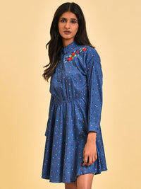 W Blue Polka Dots Embroidered Detailed Shirt Collar  Fit & Flare Dress