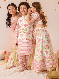 pspeaches Girls Floral Printed Angrakha Pure Cotton A-line Kurta With Sharara & Dupatta