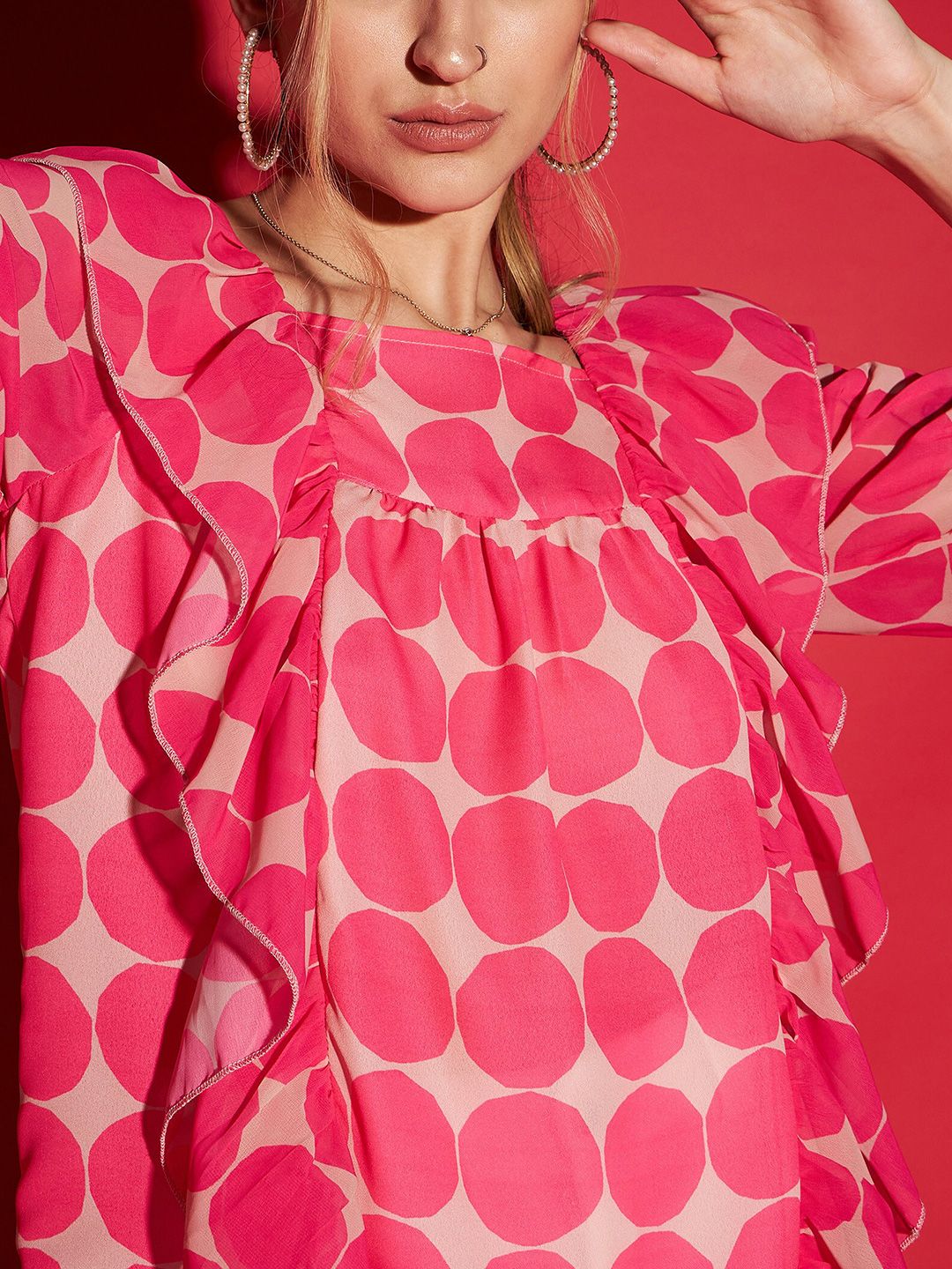 SASSAFRAS Pink Geometric Printed Ruffles Detailed Regular Top