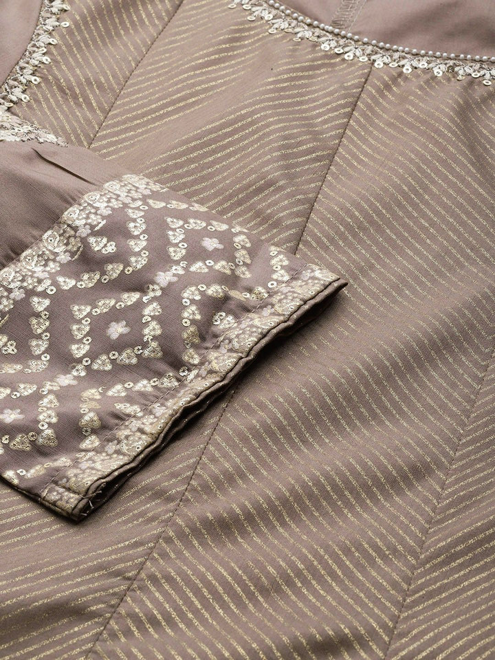 W Women Brown Striped Panelled Sequinned Kurta with Dhoti Pants & Dupatta