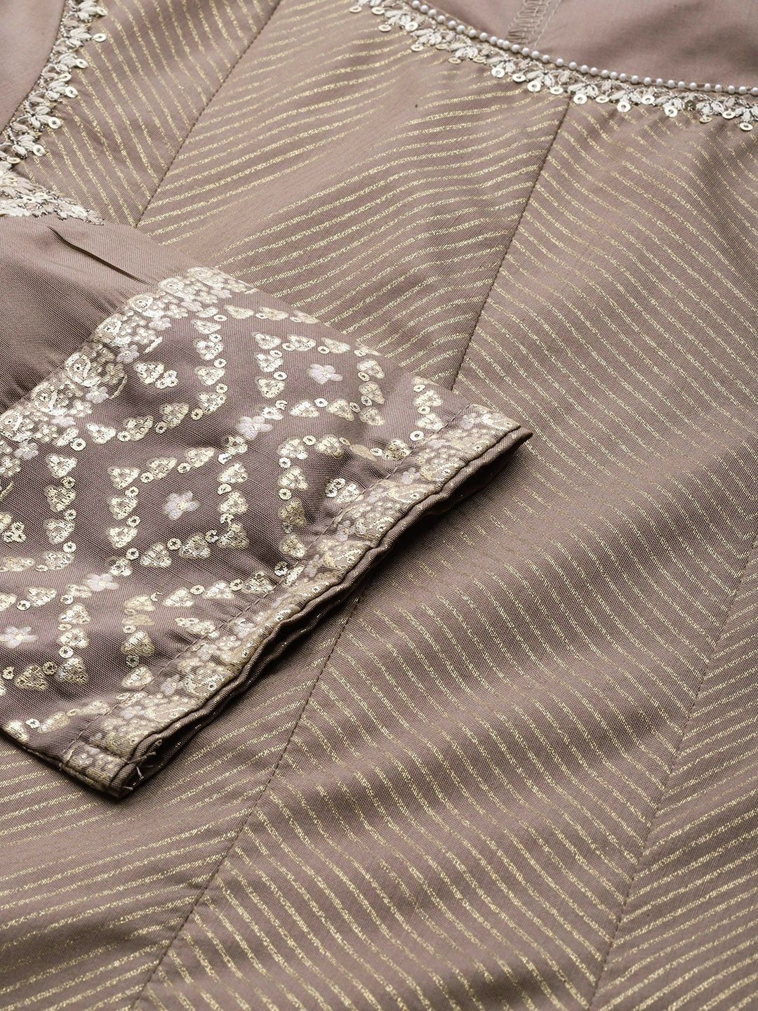 W Women Brown Striped Panelled Sequinned Kurta with Dhoti Pants & Dupatta