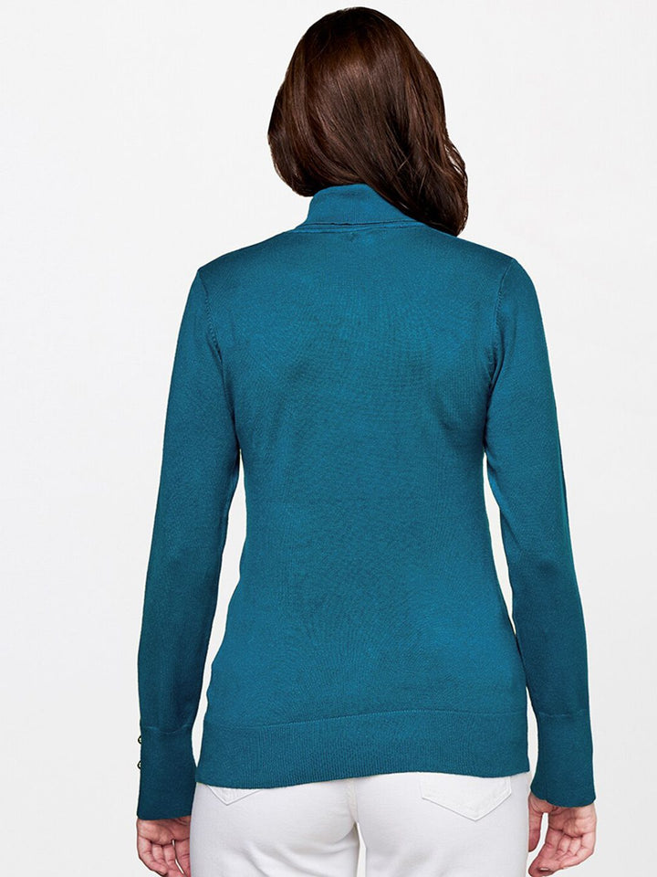 AND Teal Solid Turtle Neck Regular Top