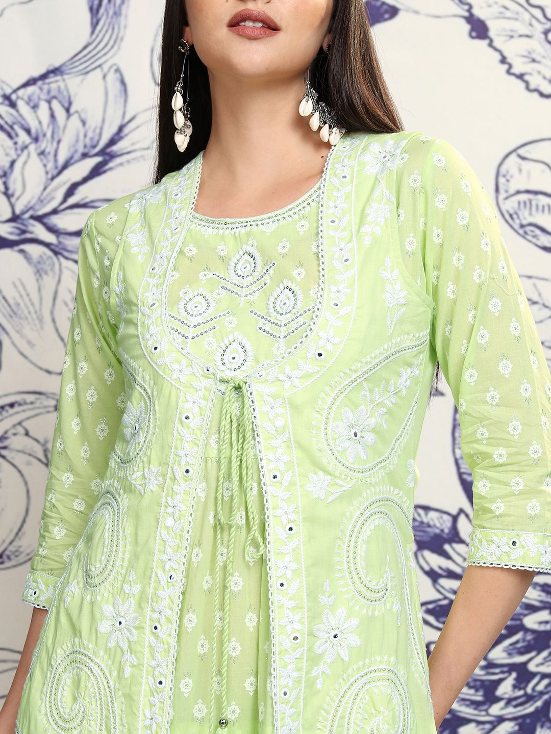 Vishudh Green Embroidered Cotton Tiered A-Line Midi Ethnic Dress With Shrug